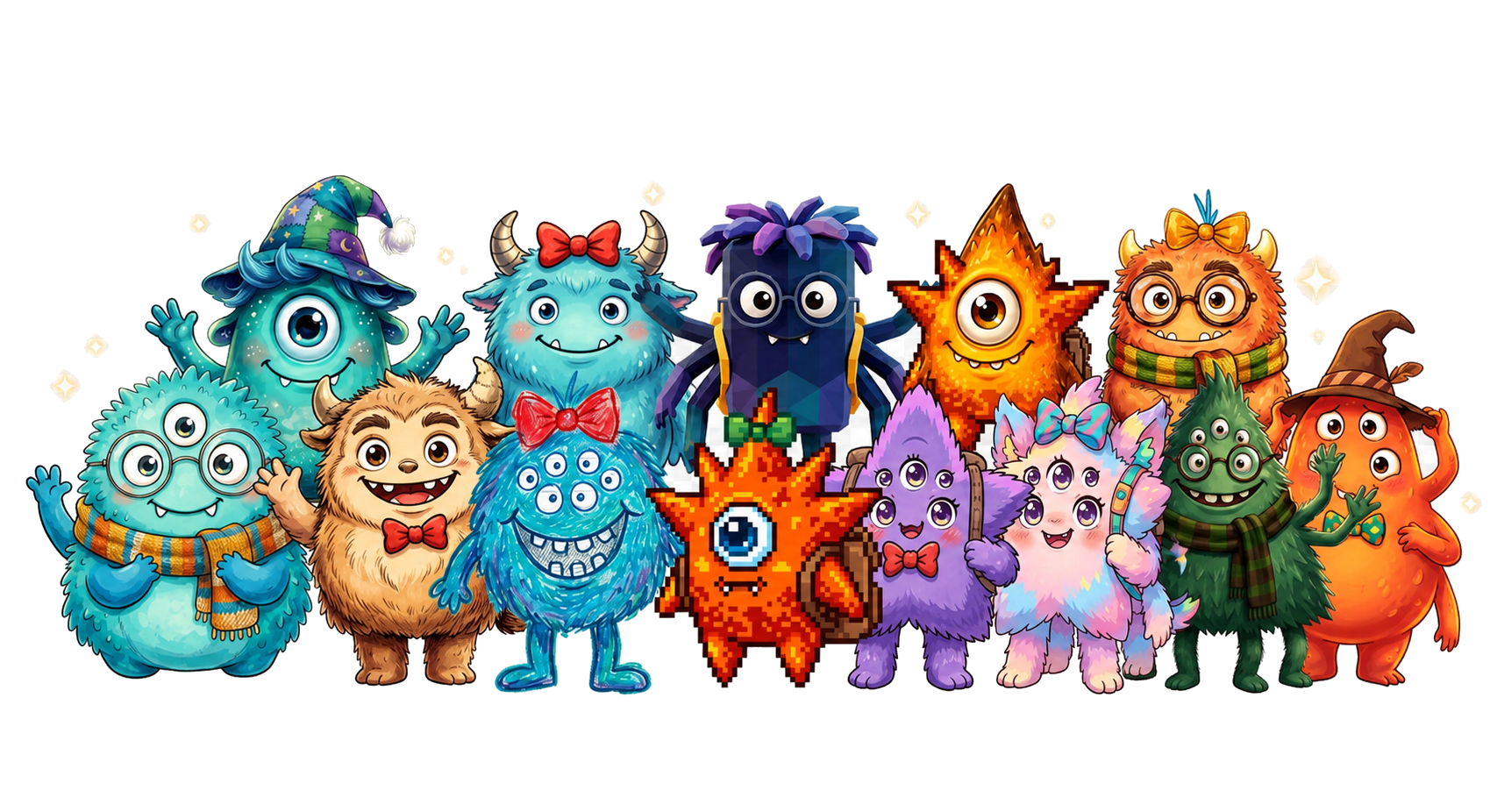 A cheerful group of Little Monsters characters